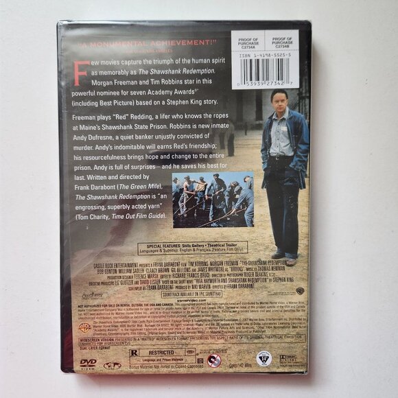 The Shawshank Redemption DVD Tim Robbins & Morgan Freeman Warner Bros - Picture 2 of 5